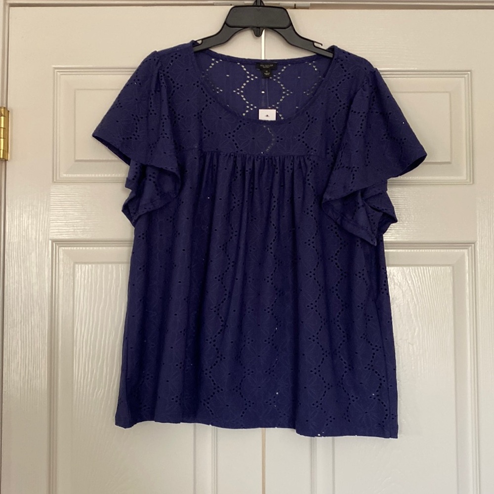 NWT Ann Taylor Navy Blue Eyelet Babydoll Top